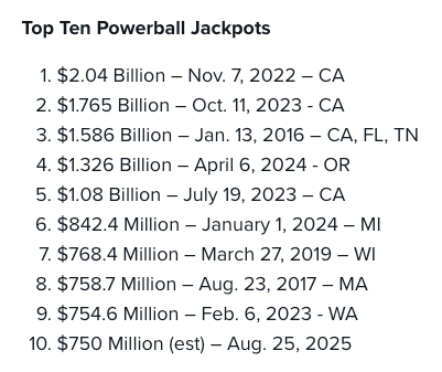 Powerball jackpot lottery prize